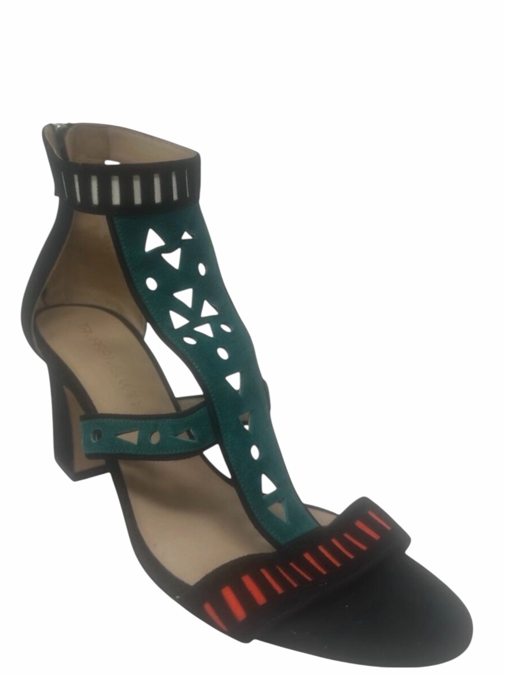 Tamara Mellon Black Suede Green Red White Laser Cut Straps Open Toe Heels Size 9